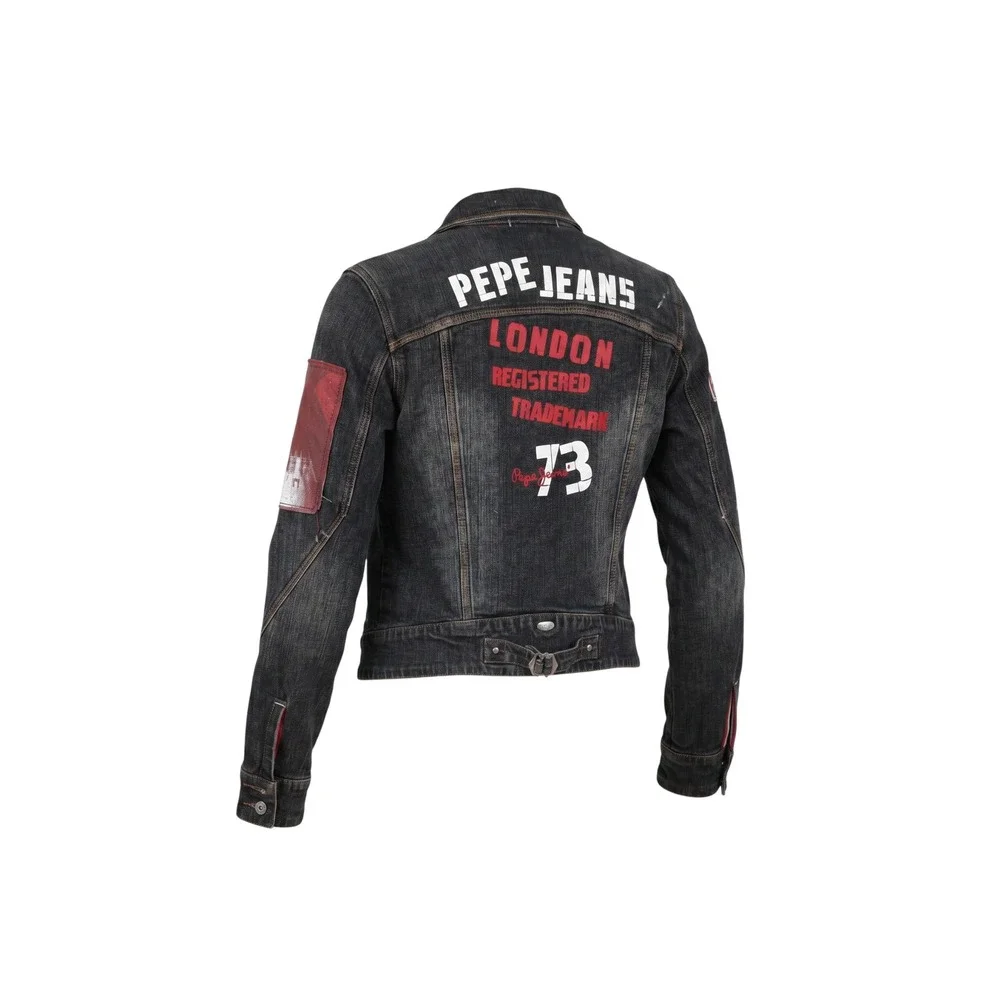 Pepe Jeans London Mens Distressed Denim Jacket Black Punk Graphic Patches Size M